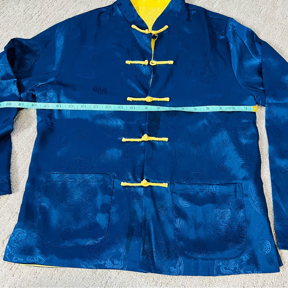 Traditional Chinese Tang Top, Blue and Yellow Reversible Blouse - Picture 11 of 16